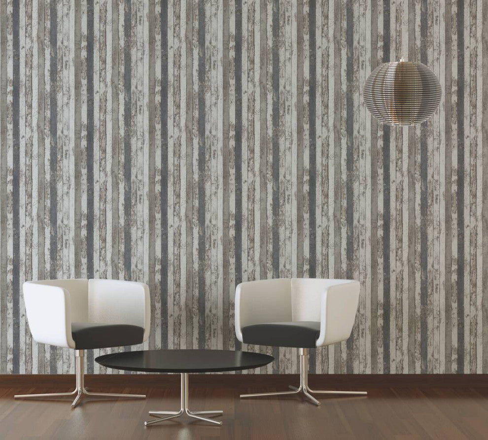 Faux Textured Wallpaper Wooden Stripes, Cream Gray Brown, One Roll