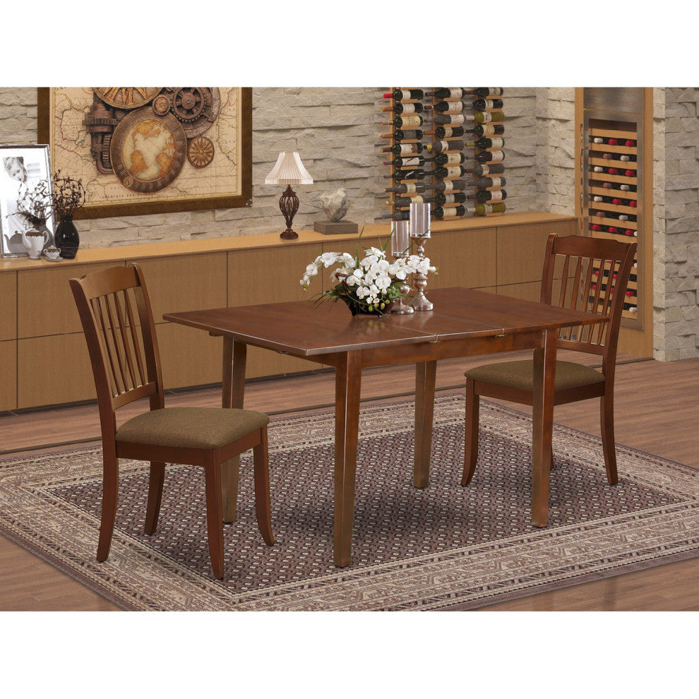 3Pc Dinette Set, Table, Two Vertical Slatted Linen Seat Dining Chairs, Mahogany
