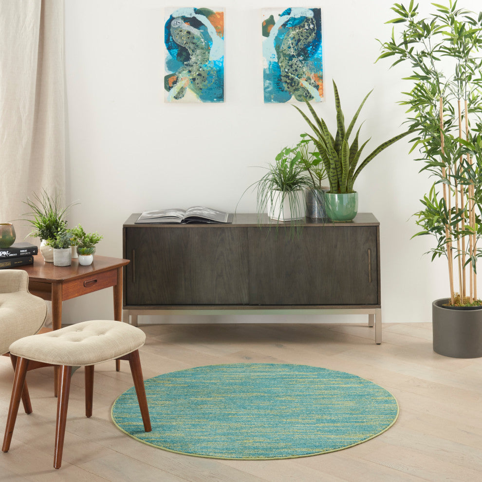 Nourison Essentials 4' x Round Blue Green Outdoor Area Rug