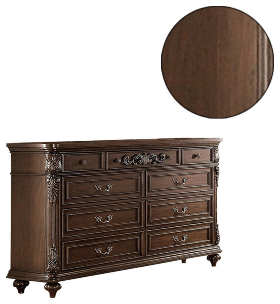 Nine Drawers Wooden Dresser With Molded Details, Brown