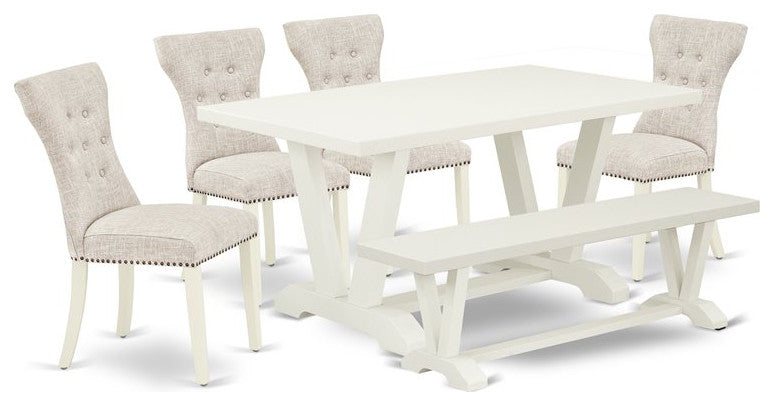 6-Piece Dinette Set, Chairs, Bench and Top Table, Linen White