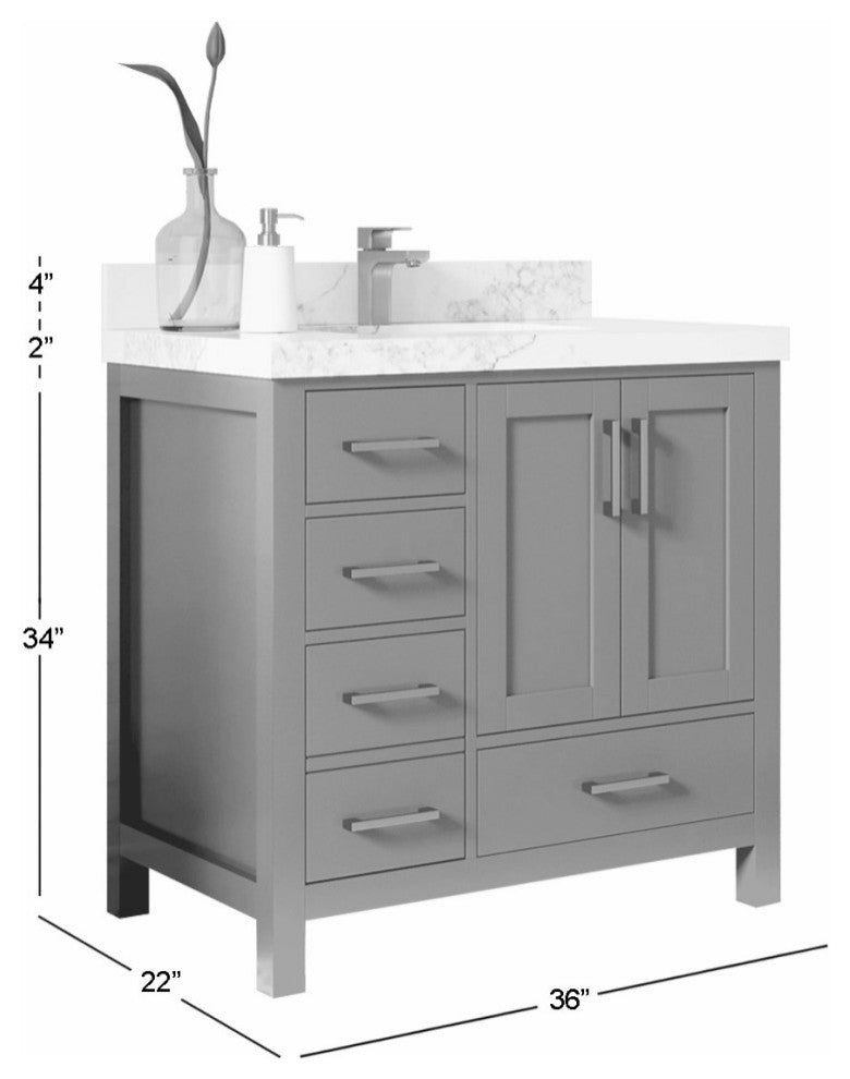 Malibu 36 Center Sink Bath Vanity in Lafayette Green 2" Calacatta Sienna