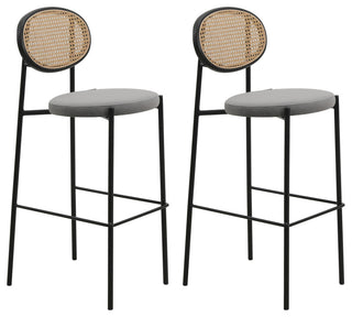 LeisureMod Euston Wicker Bar Stool With Black Steel Frame Set of 2, Gray