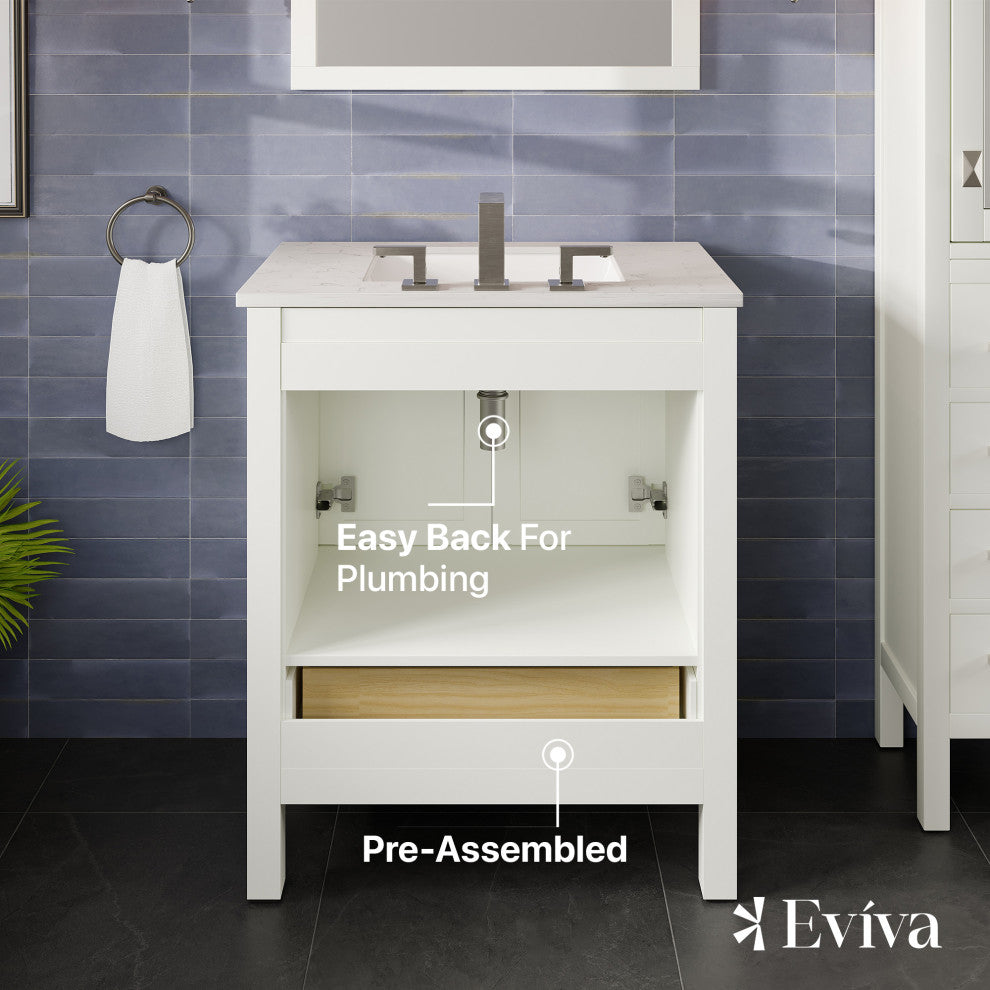 Eviva Aberdeen 30"W White Bath Vanity, White Carrara Quartz Countertop