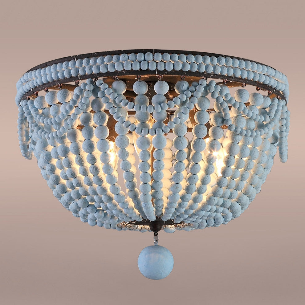 Kesarre Boho Wood Bead 3-Light Dome Shaped Flush Mount Ceiling Light, Blue