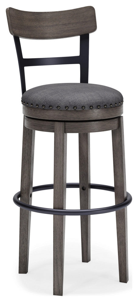 Benzara BM248094 Swivel Barstool With Nailhead Trim and Curved Panel Back, Gray