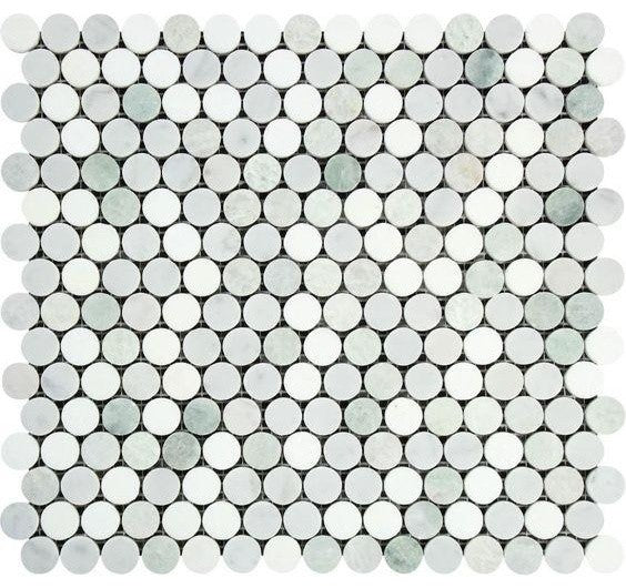 Thassos White Marble Honed Penny Round Mosaic Tile w/ Ming Green Dots