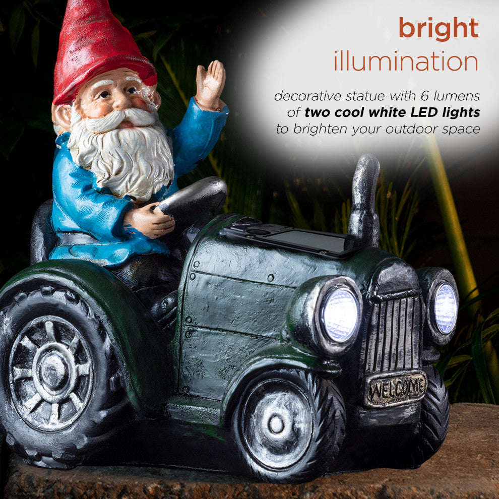 Solar Green Tractor Riding Gnome with Cool White LED Lights