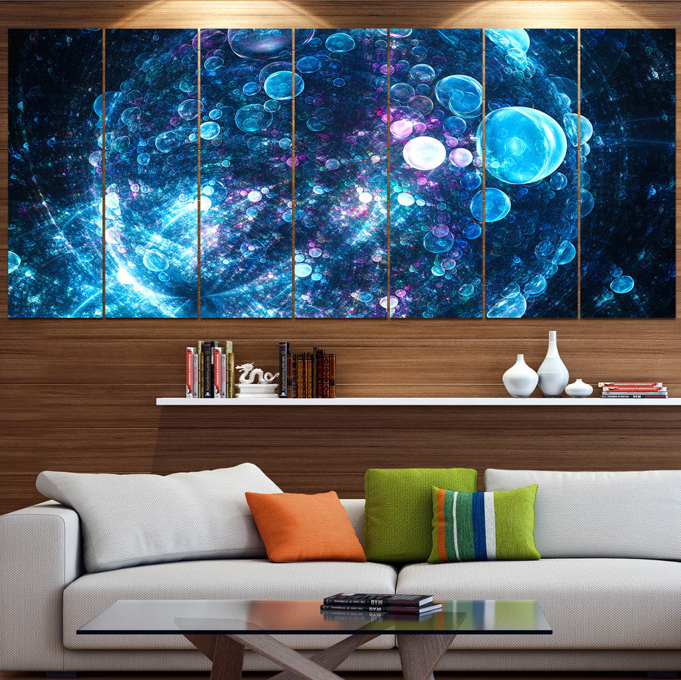 Blue Spherical Planet Bubbles, Abstract Canvas Art Print, 83"x32", 7 Panels