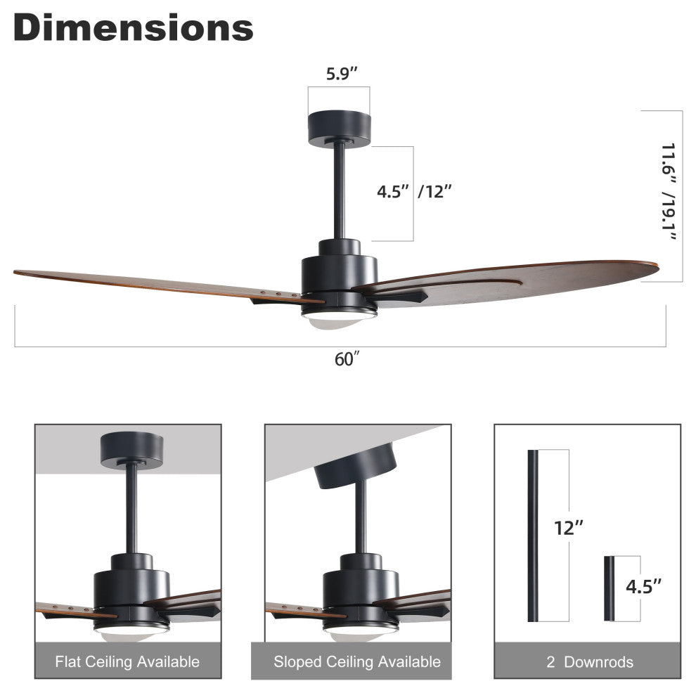 60" 3-Solid Wood Blade Propeller indoor LED Ceiling Fan, Black and Brown