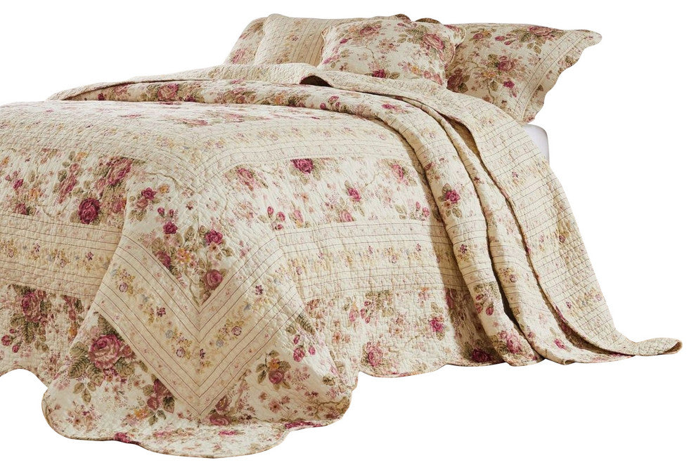 Benzara 3 Piece King Bedspread Set, Floral Print, Scalloped, Cream, Pink