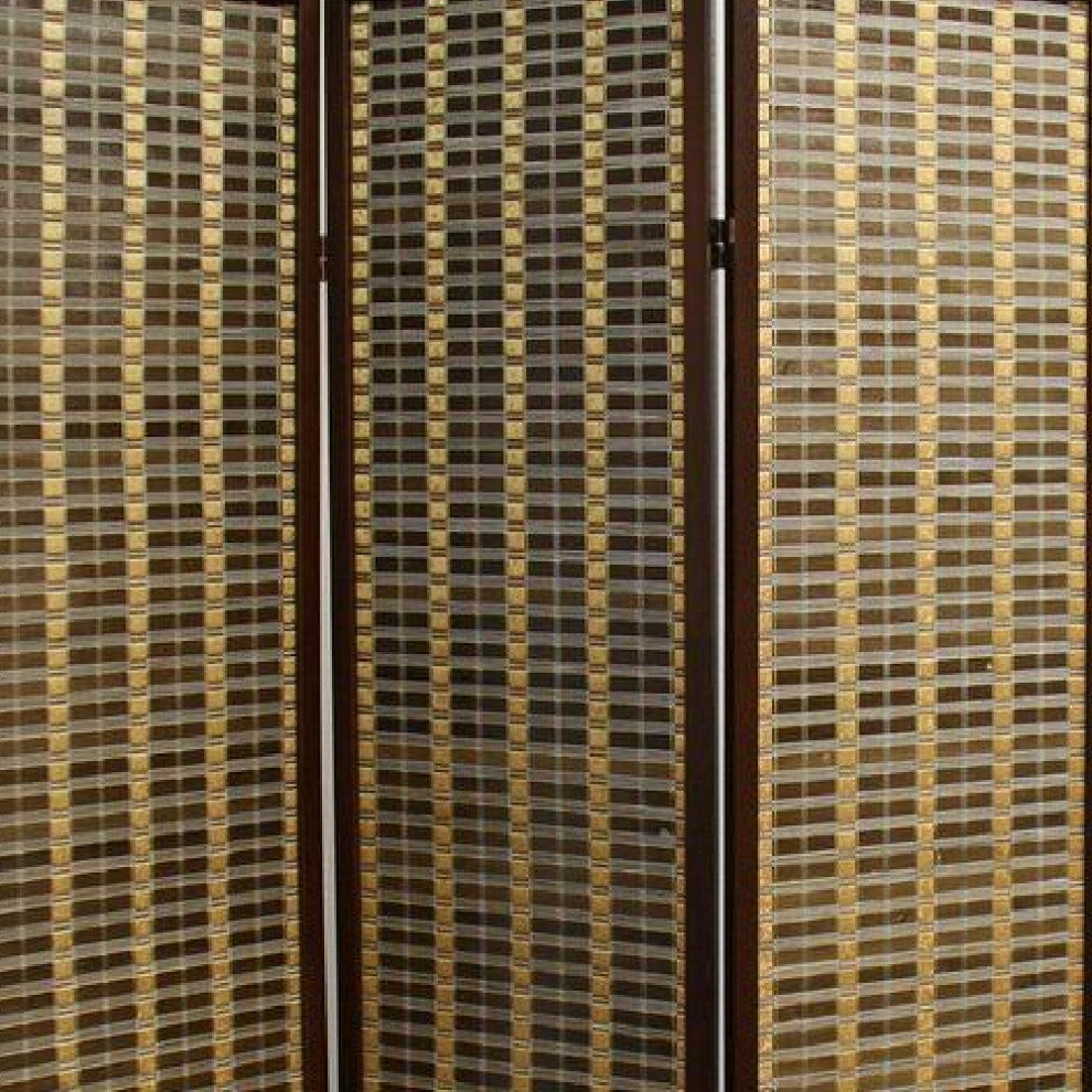 Benzara BM96148 Bamboo and Wood Two Tone 3 Panel Room Divider, Dark Brown