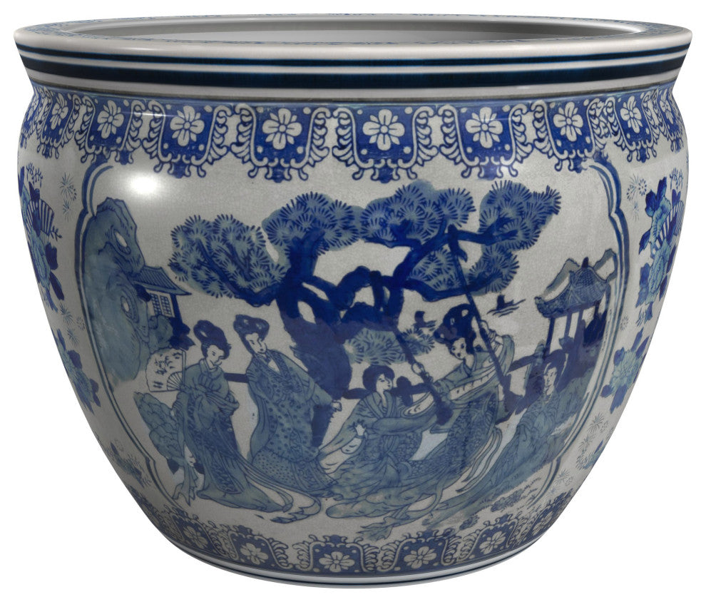 16" Ladies Blue and White Porcelain Fishbowl