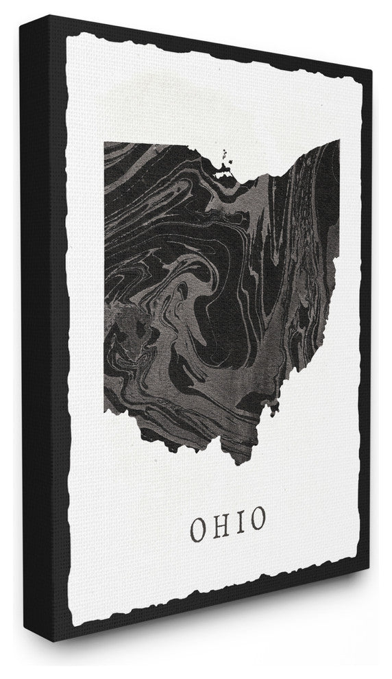 Black and Grey Marbled Paper Ohio State Silhouette Stretched Canvas, 24"x30"