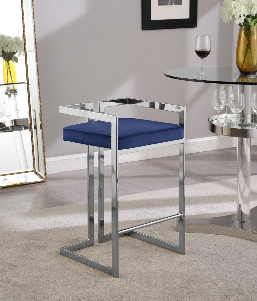 Ezra Counter Stool, Set of 2, Navy Velvet, Chrome Base