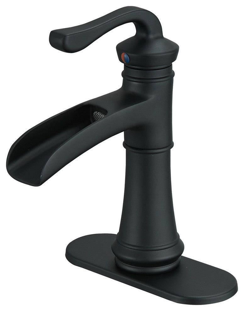 Waterfall Spout Bathroom Sink Faucet with Pop-up Drain, Matte Black