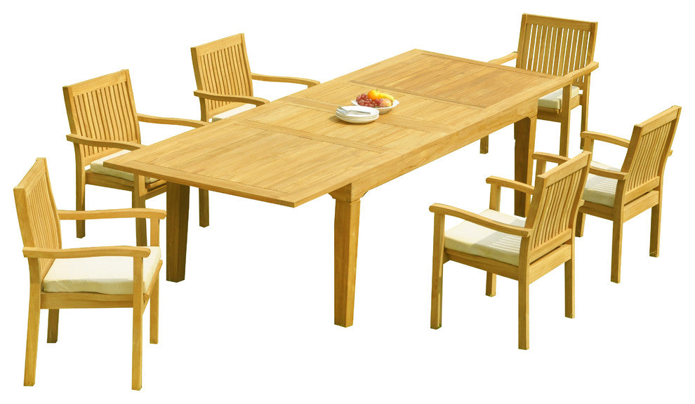 7-Piece Outdoor Teak Dining Set: 122" Rectangle Table, 6 Lev Stacking Arm Chairs