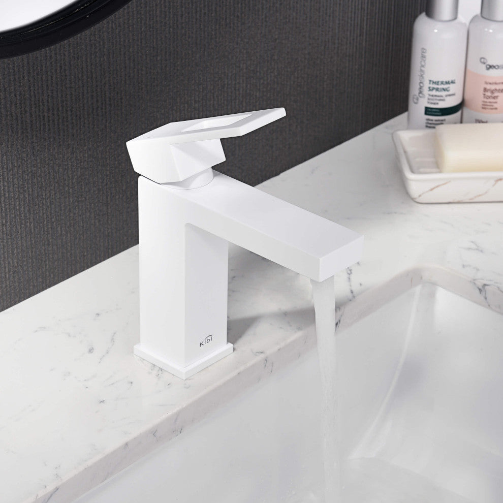 Cubic Single Hole Bathroom Faucet KBF1002, Matte White,, Drain