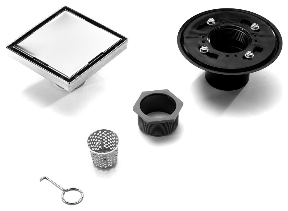 HEATGENE Square Shower Drain With Flat Cover With Base Flange, Brush, 4"