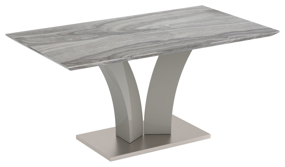 Contemporary Faux Marble, Stainless Steel Rectangular Dining Table, Light Gray