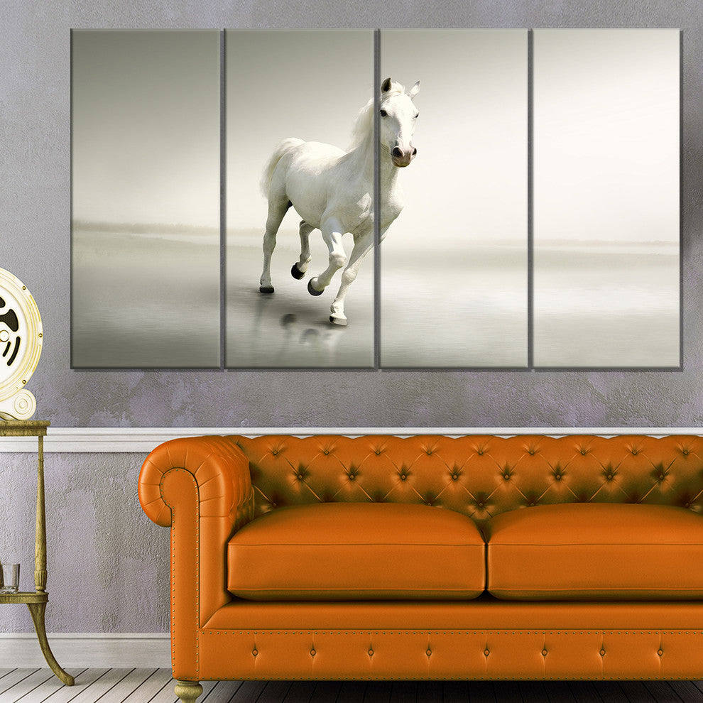 Beautiful White Horse Running, Animal Canvas Art Print, 48"x28", 4 Panels