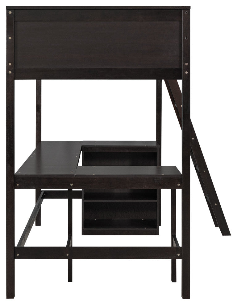 Gewnee Twin size Wood Loft Bed with Shelves and Desk in Espresso