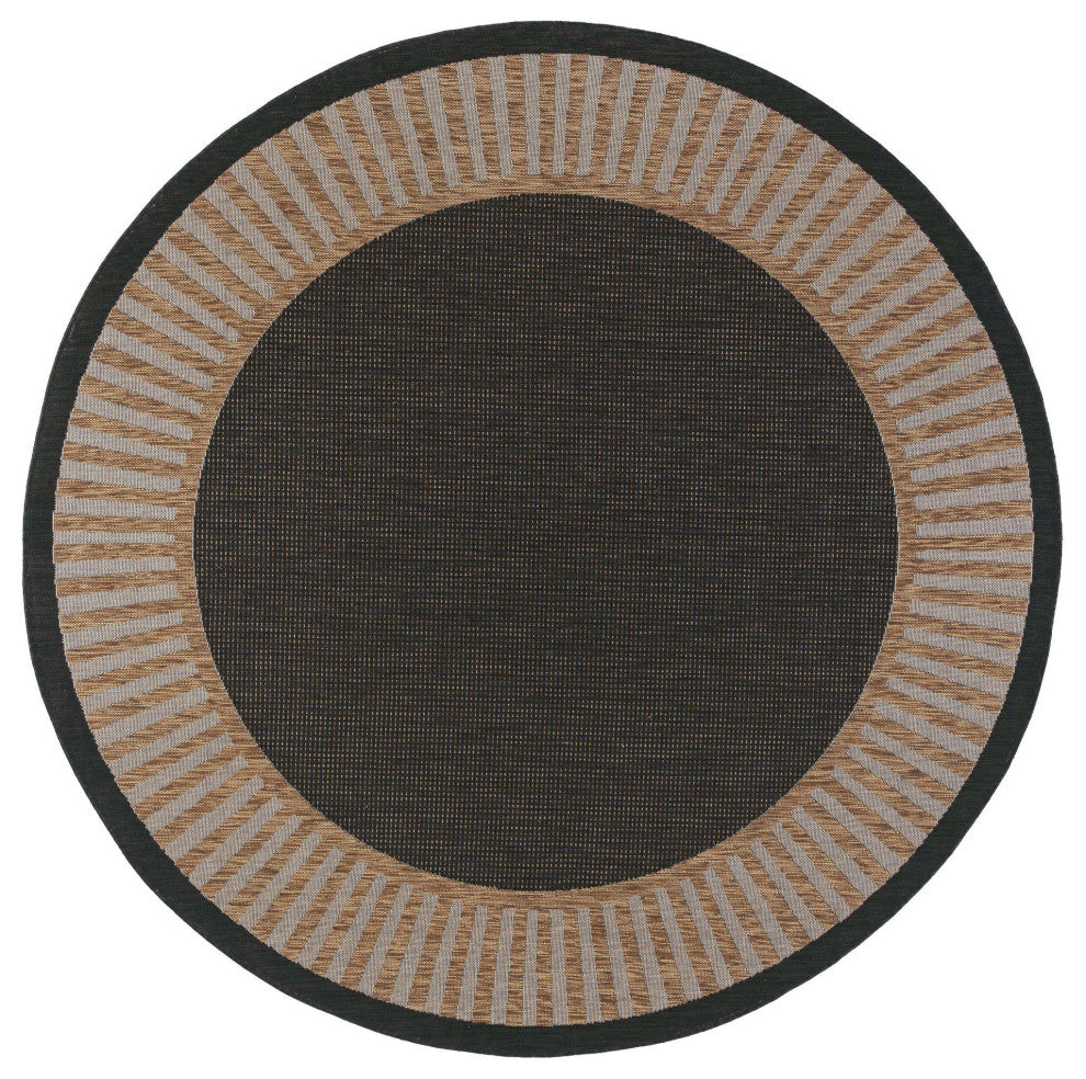 Elgin Transitional Striped Border Black/Gold Round Indoor/Outdoor Area Rug, 8'
