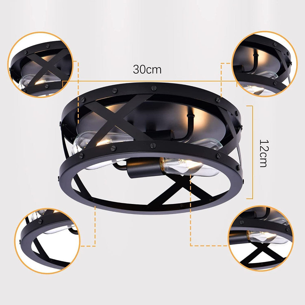 12 inch light round ceiling light fixture 2 light black cage Close to Ceiling