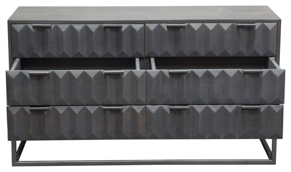 6-Drawer Solid Mango Wood Dresser in Smoke Grey Finish Gun Metal Finished Legs
