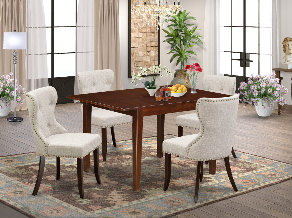 A Dining Set Of 4 Chairs, Doeskin Color, Mid-Century Table In Mahogany Finish