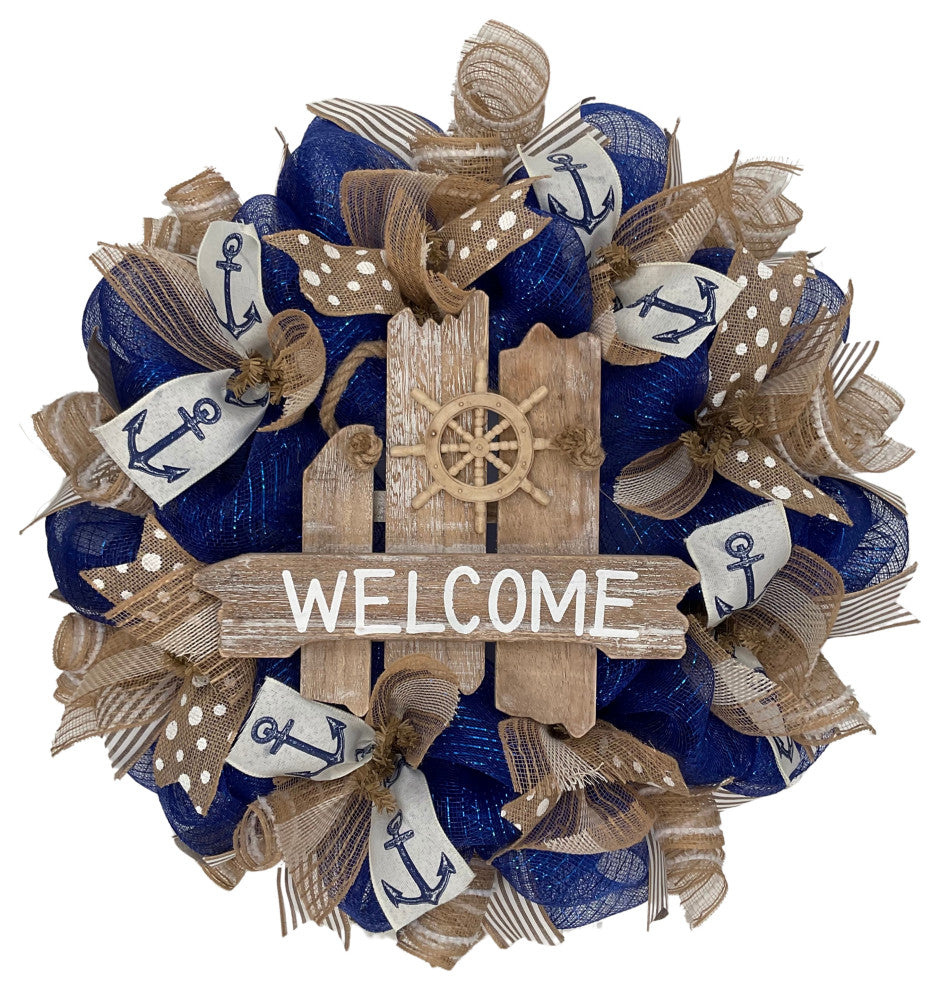 Nautical Captains Wheel Welcome Wreath Handmade Deco Mesh