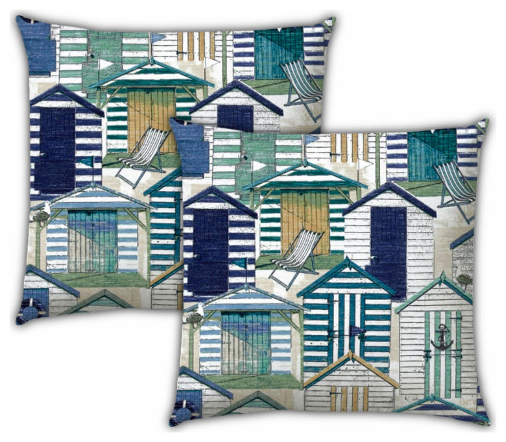 3-Piece Set Blue Beach Hut Indoor Outdoor Zippered Pillow Covers