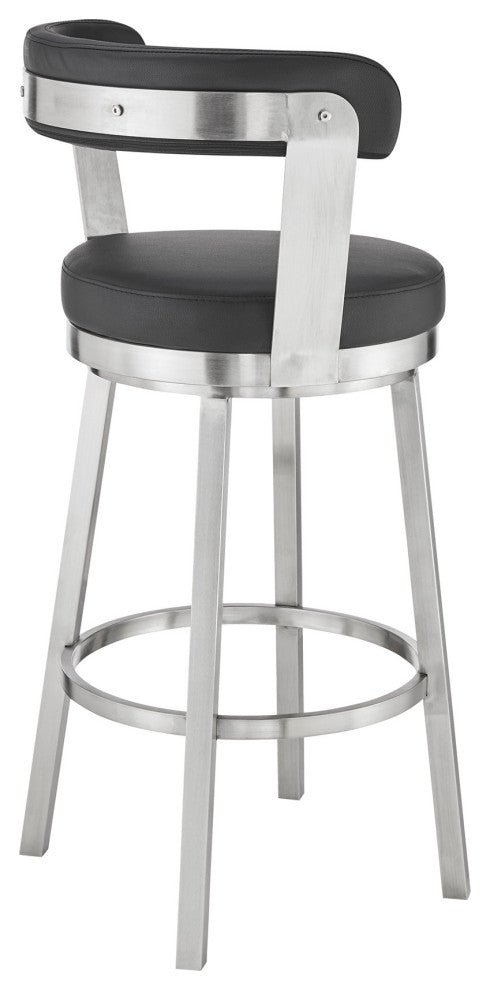 30" Chic Black Faux Leather With Stainless Steel Finish Swivel Bar Stool