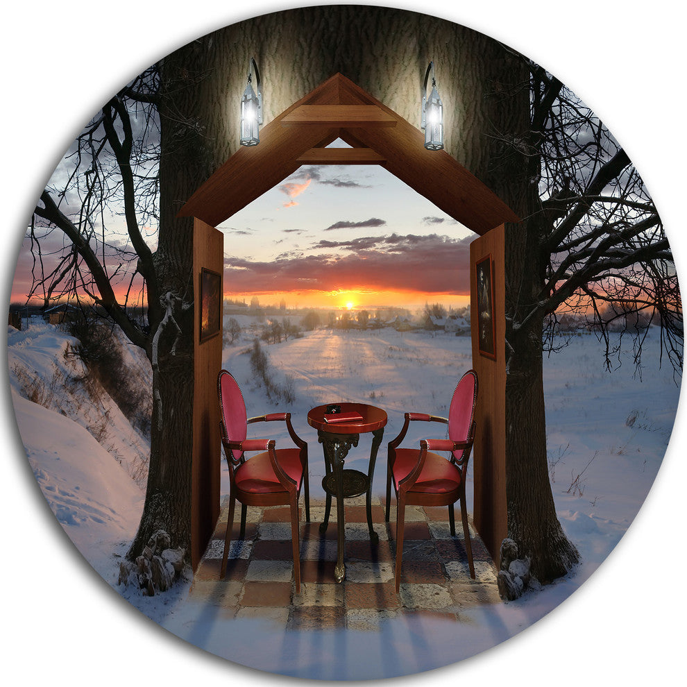 Home Shaped Trees Collage, Landscape Art Disc Metal Wall Art, 36"