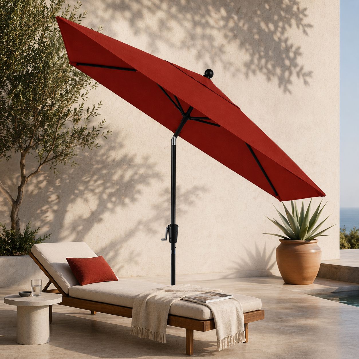 Pismo Dawn 9'x7' Rectangular Premium Push Tilt Market Umbrella, Black Frame, Ter