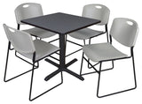 Cain 30" Square Breakroom Table, Gray and 4 Zeng Stack Chairs, Gray