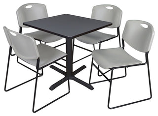 Cain 30" Square Breakroom Table, Gray and 4 Zeng Stack Chairs, Gray