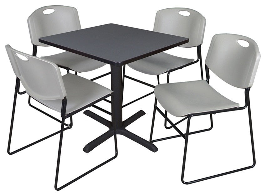 Cain 30" Square Breakroom Table, Gray and 4 Zeng Stack Chairs, Gray
