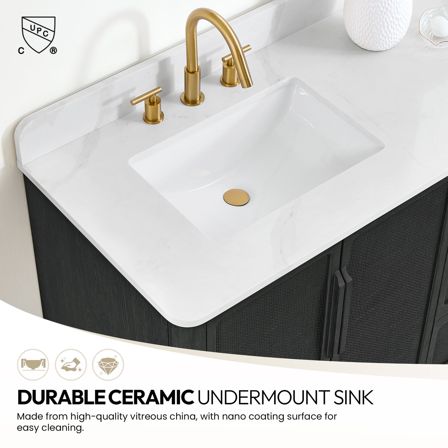 Busan Bath Vanity, Quartz Top No Mirror, Oak Classic Black, 60", Double Vanity