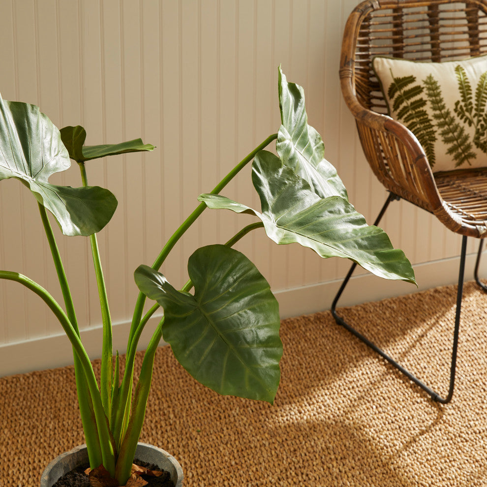 Large Elephant's Ear Green Leaf Faux Floral Plant Big Leaves 42 in Rustic Pot