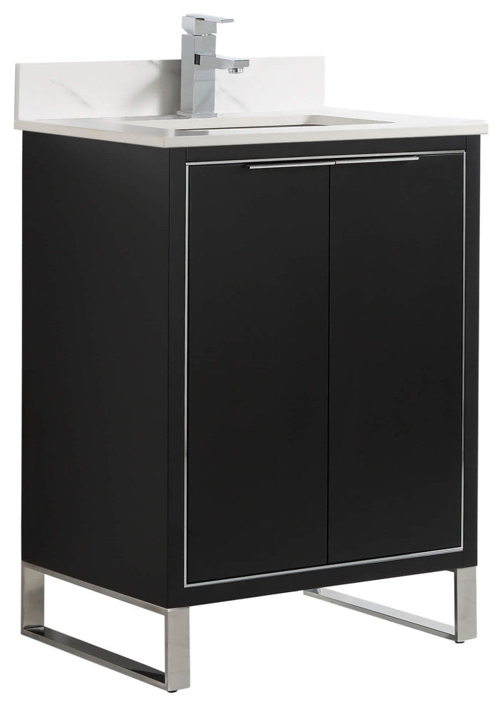 Opulence Bath Vanity, Black Matte, 24", Chrome Hardware, White Carrara Top