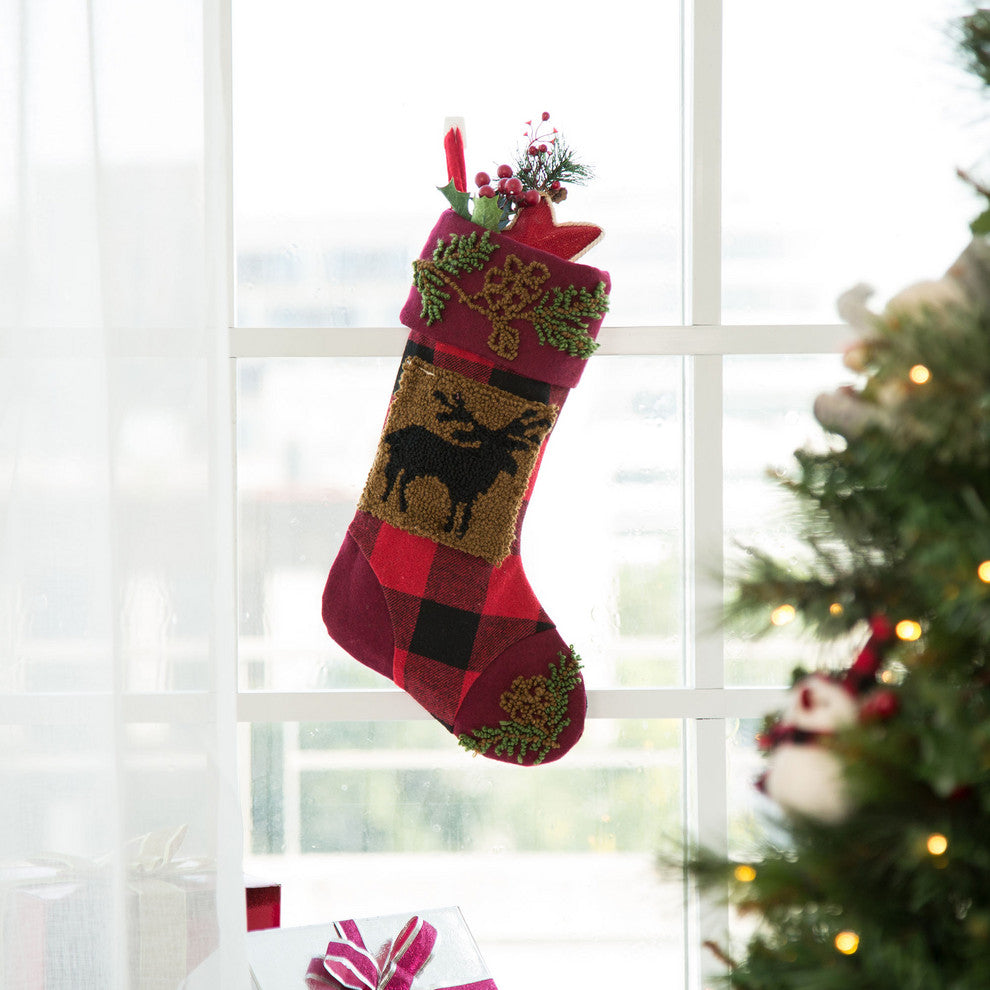 Set of 2 Plaid Stocking With Rug Hooked, Reindeer