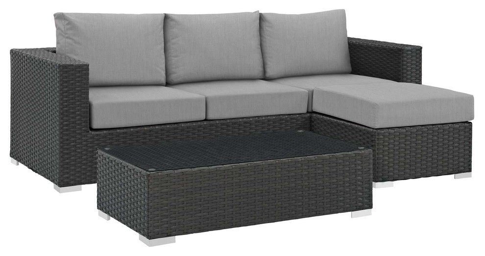 Modern Outdoor Lounge Sectional Sofa Set, Sunbrella Rattan Wicker, Gray