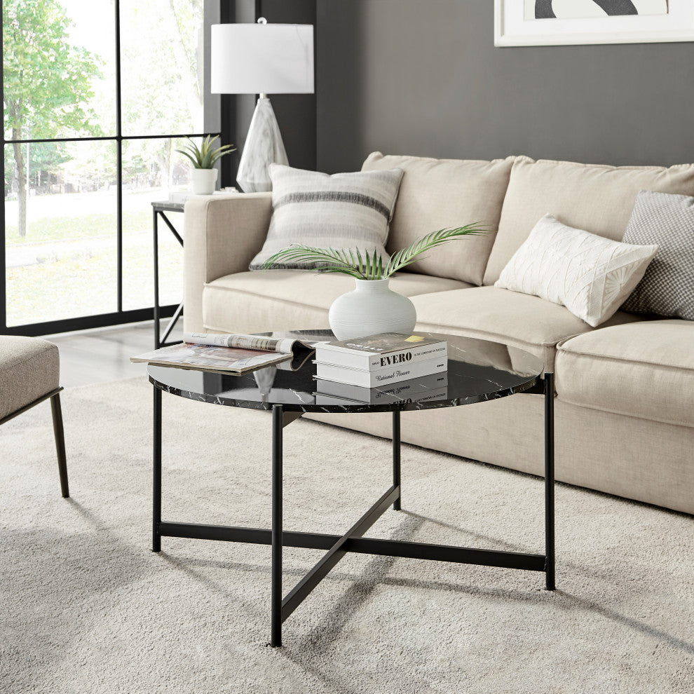 Round Contemporary Marble Finish Veneer Top Black Coffee Table, Black/Black