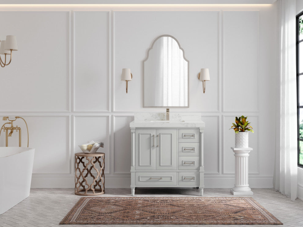Aberdeen 36 Center Sink Bath Vanity in Coventry Gray 2" Calacatta Nuvo