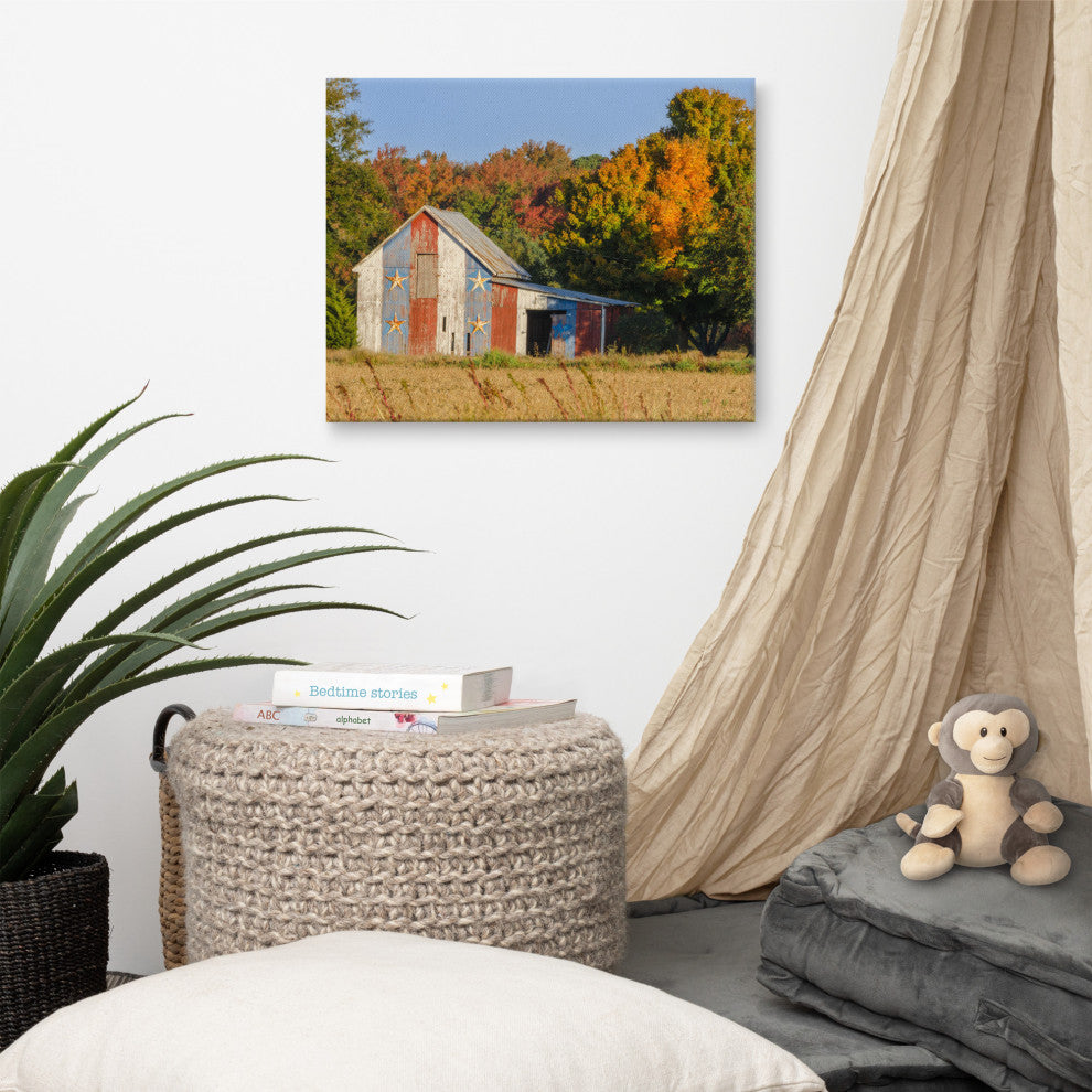 Patriotic Barn in Field Traditional Rural Canvas Wall Art Print, 16" X 20"