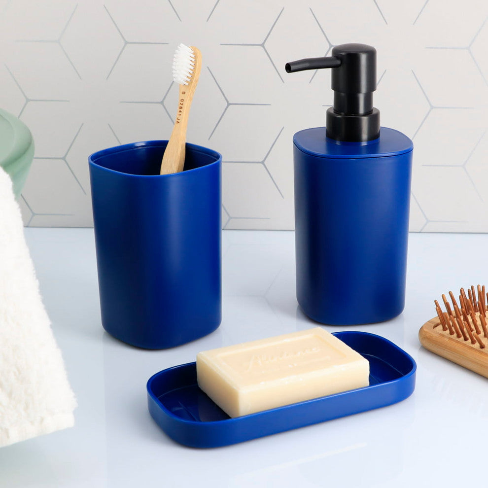 Bathroom Set Tumbler, Soap Dispenser, Soap Dish Set of 3 Accessories, Royal Blue
