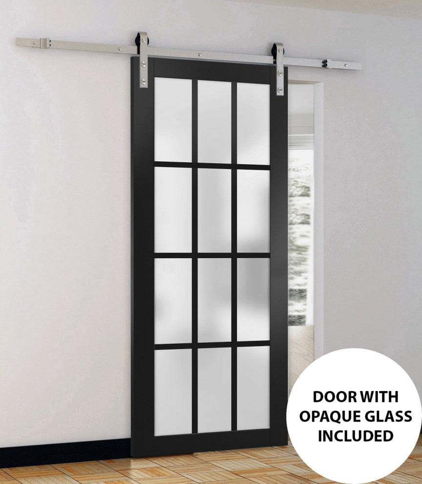 Barn Door 42 x 96, Felicia 3312 Matte Black Frosted Glass, Silver 8' Rail