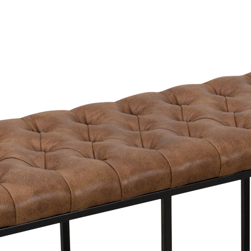 Benzara BM194860 Bench With Button Tufted Cushioned Seat and Metal Base, Brown