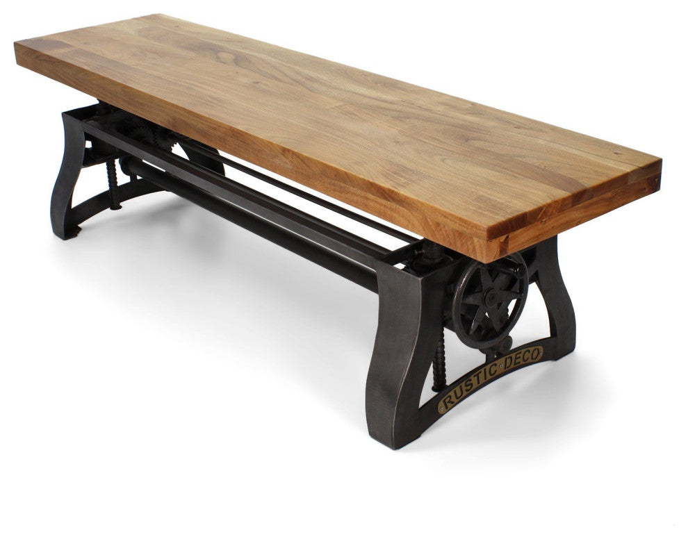 Crescent Industrial Dining Bench - Adjustable Iron Base - Hardwood Seat